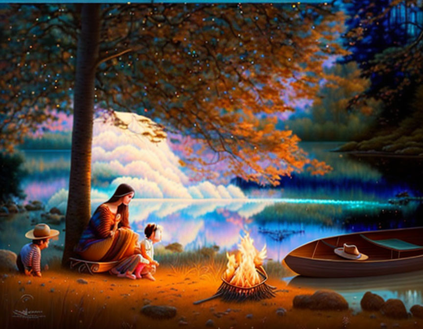 Tranquil lakeside autumn scene with campfire, people, dog, boat, and twilight sky