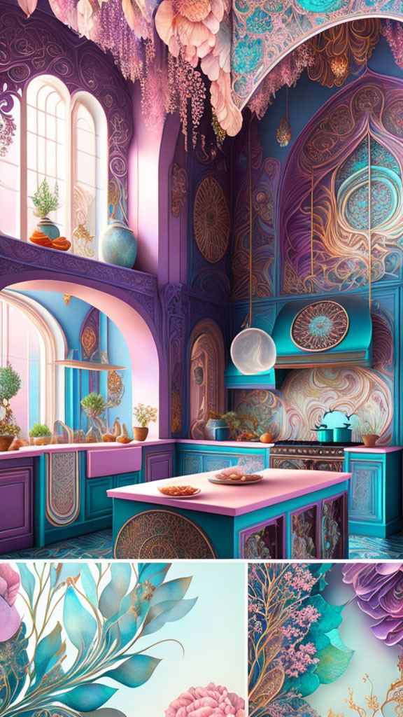 Colorful whimsical kitchen with purple and teal decor, floral patterns, and hanging plants.