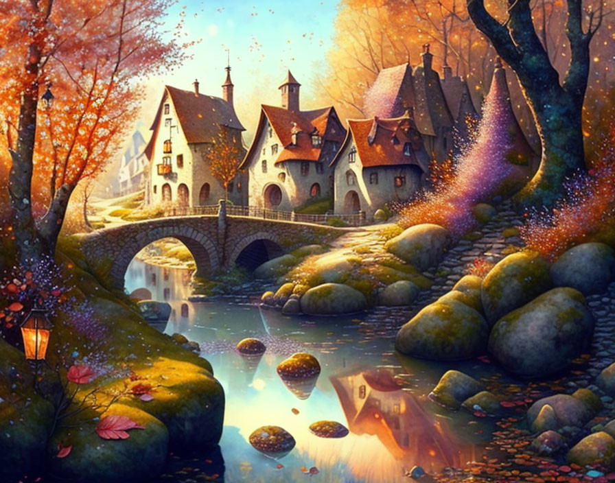 Enchanting Autumn Village with Stone Houses and Sparkling Lights