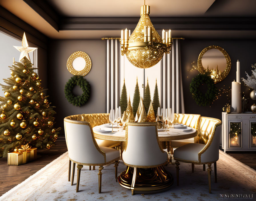 Festively decorated Christmas dining room with tree and holiday table