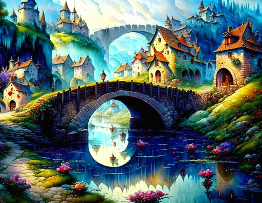 Colorful cottages, stone bridge, and whimsical castles in vibrant fantasy landscape