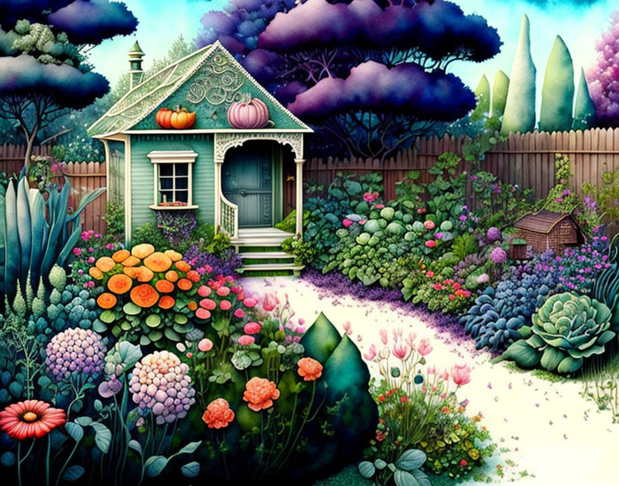 Lush flower garden with white cottage and pumpkin under twilight sky