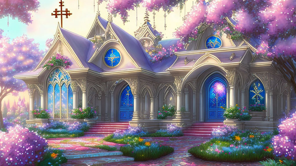 Enchanting cathedral in lush garden with purple trees