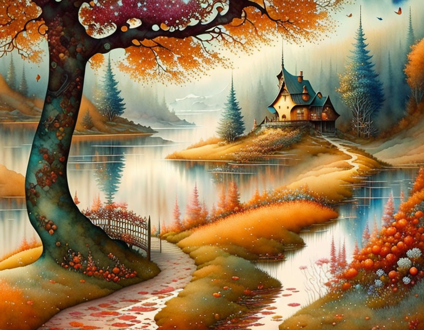 Tranquil autumn landscape with house by serene lake