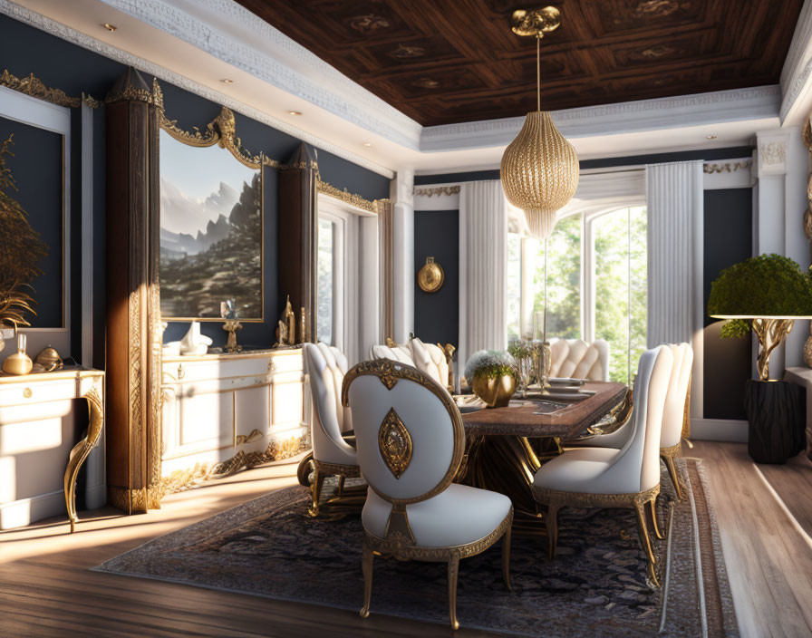 Luxurious Dining Room with White and Gold Chairs, Wooden Table, Chandelier, and Mountain Views