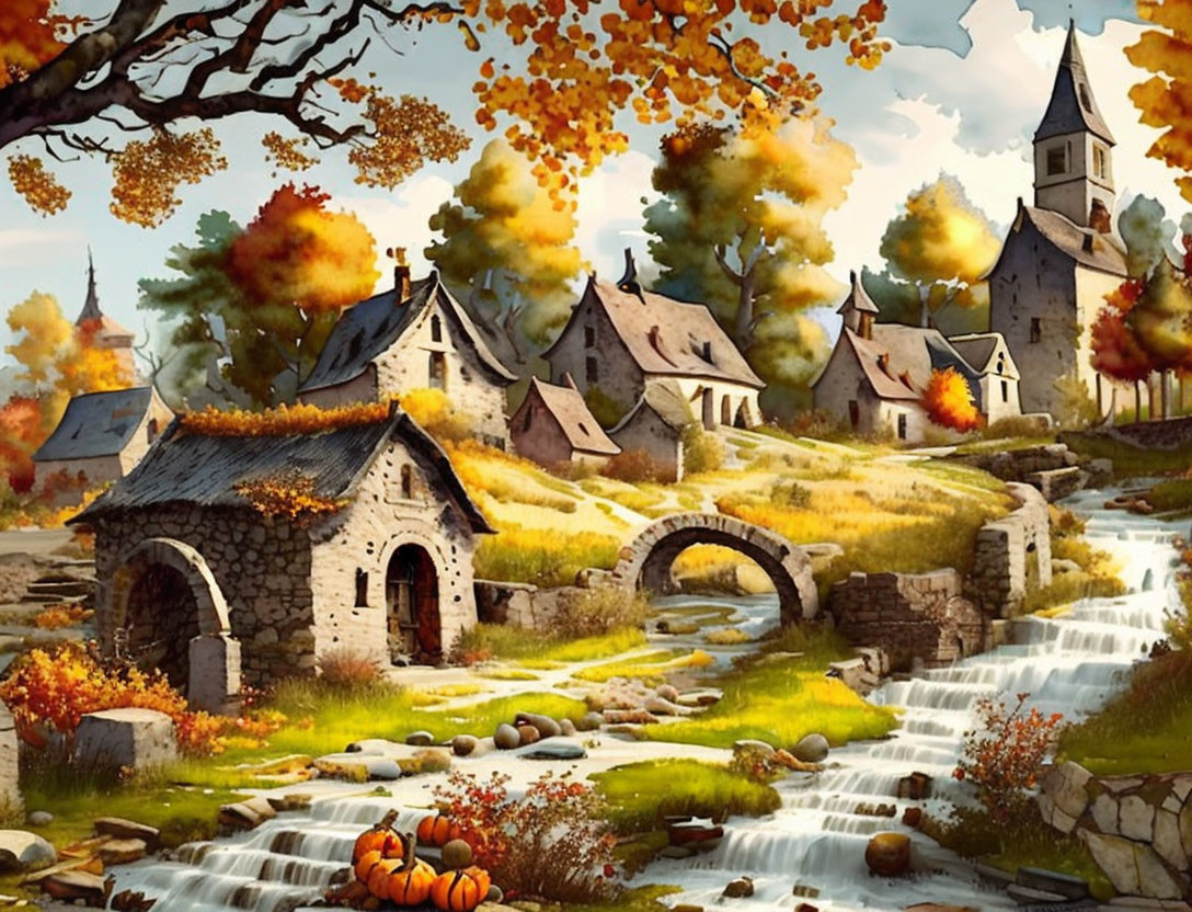 Picturesque village with stone houses, church, bridge, and autumn foliage