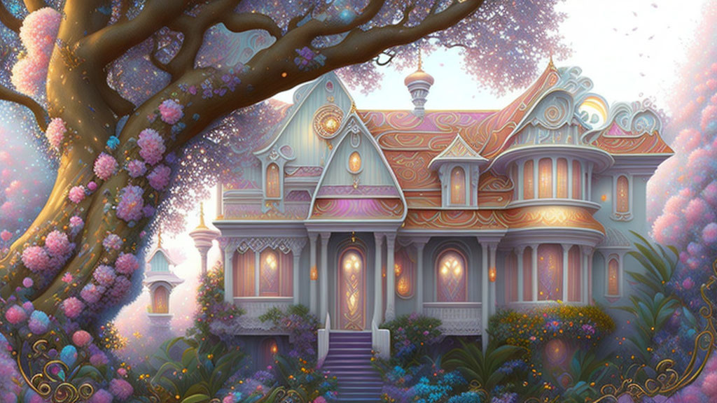 Whimsical, Pastel-Colored House Among Blossoming Trees