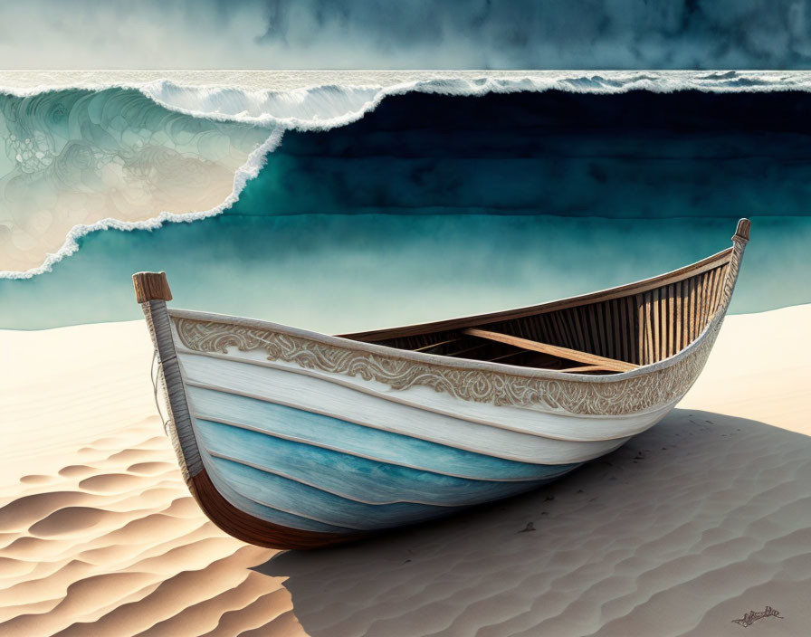 Boat with wave patterns on sandy dunes against ocean backdrop