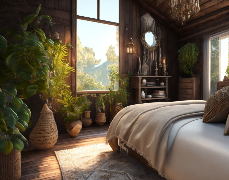 Rustic bedroom with wooden walls, large bed, potted plants & sunlight