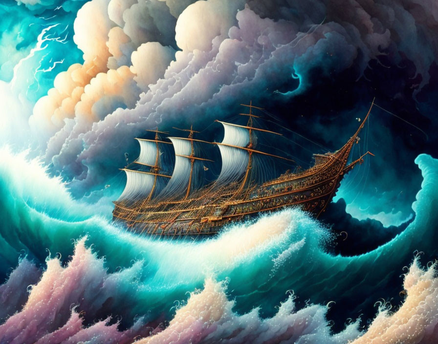 Majestic sailing ship on tumultuous ocean waves with dramatic sky