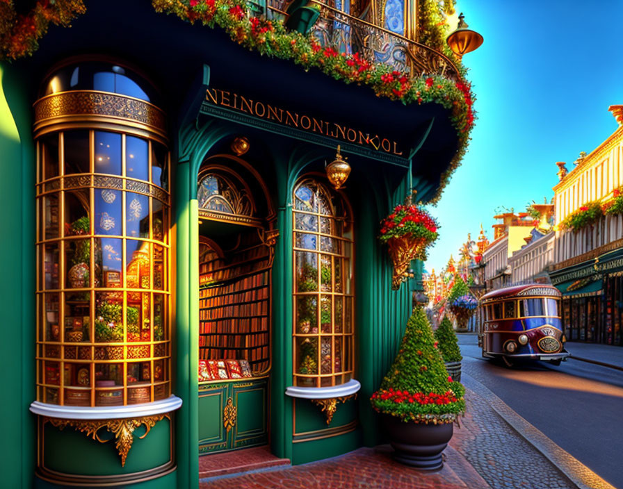 Ornate green bookstore facade with flowers and vintage blue car