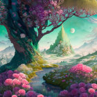 Vibrant pink and green fantastical landscape with tree, flowers, mountains, and planets