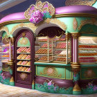 Elegant bakery kiosk with gold accents and colorful pastries