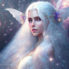 Fair-haired fairy with iridescent wings in mystical setting.