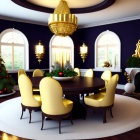 Festive dining room with Christmas tree, gold chairs, round table & wreath-adorned