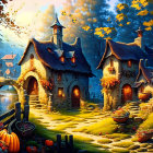 Autumn scene: Storybook cottages, glowing windows, fallen leaves, pumpkins by tranquil river