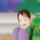 Stylized portrait of young child with freckles in vibrant foliage and twilight sky.