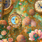 Celestial-themed artwork with clocks, flowers, and fantasy elements