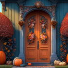 Autumn-themed Entryway Decor with Wreath, Garlands, Pumpkins, and Red Door