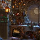 Dimly-lit fantasy kitchen with ornate details and magical items