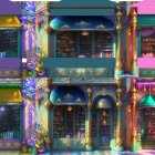 Opulent library with golden shelves, blue and pink tones, floral decorations