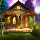 Whimsical Gazebo with Stained Glass in Enchanting Garden