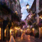 Romantic cobblestone street at twilight with elegant people and vintage buildings