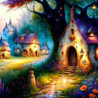 Fantasy village with cozy cottages, vibrant flowers, starry sky, and aurora.