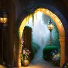 Floral Archway Leading to Twilight Forest Path with Glowing Lanterns