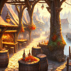 Quaint fantasy village with thatched-roof cottages and colorful lights