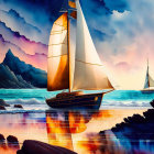 Digital Art: Two sailing ships near coast in surreal sunset scenery