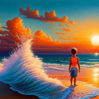 Child admiring sunset ocean wave on vibrant shoreline