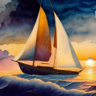 Sailing boat with white sails on waves at sunset with seagulls in orange and blue sky