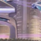 Futuristic flying cars over neon-lit cityscape at twilight