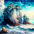 Fantasy landscape: castles on cliff islands, turbulent sea, starry sky, birds, soft