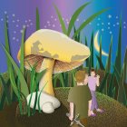 Illustrated children with mushroom hats in magical forest glade at dusk