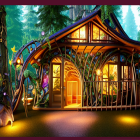 Cozy cottage in magical forest with glowing windows