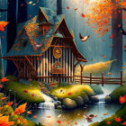 Cozy fantasy cottage in autumn forest with stream and warm light