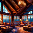 Cozy log cabin interior with plush sofas and forest view