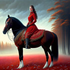 Woman in red dress rides brown horse in mystical forest.