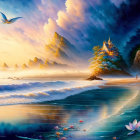 Fantasy seascape with boat, glowing flowers, bird, and dramatic sky