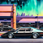 Colorful street art mural featuring classic sports car and dealership facade