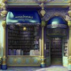 Luxurious Interior with Golden-Blue Arches and Magical Library