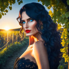 Elaborate hair woman in nature with sunset and surreal elements