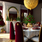 Festive Christmas dining room with tree, presents, red table setting, and chandelier