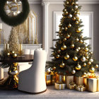 Festive Christmas tree in elegant room with presents and dining table