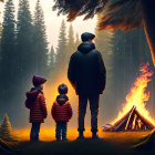 Adult and children in forest watching rain, bird, and campfire