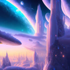 Futuristic sci-fi landscape with crystalline structures and spacecraft in alien sky