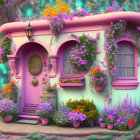 Pink fantasy house with mushroom-like structures and lush vegetation in mystical forest.