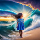 Young girl in blue dress on beach at sunset with seashells and luminous wave under vibrant sky